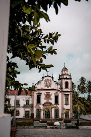 A historical church with intricate architectural details including a large cross on top, arched windows, and a detailed facade. The building is surrounded by lush greenery and palm trees, with branches partially framing the top of the image. The sky is slightly overcast, lending a muted and serene atmosphere to the scene.