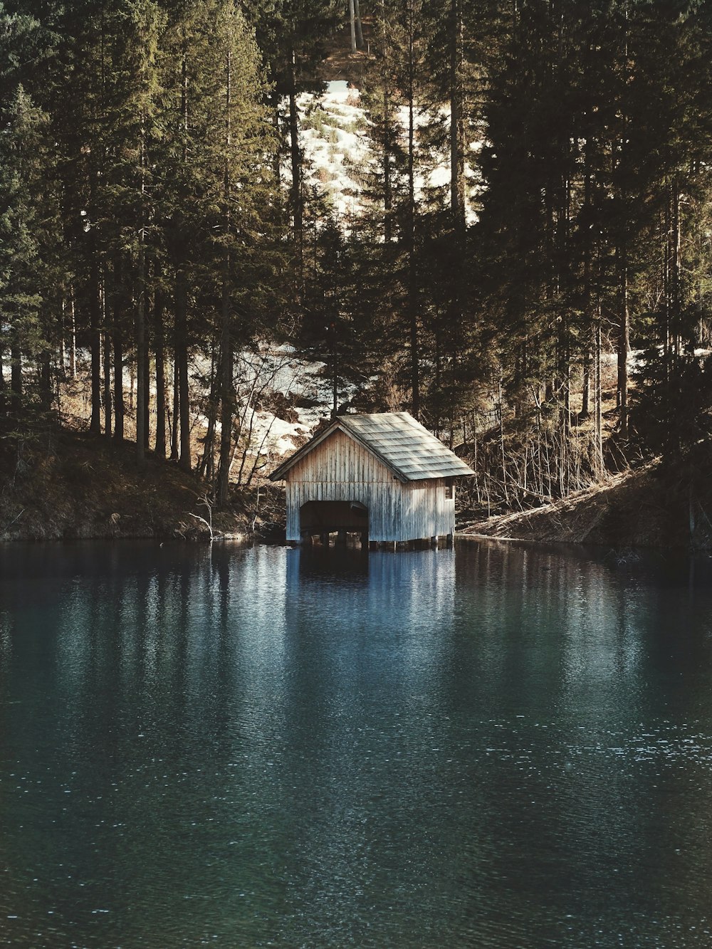 brown wooden house on lake during daytime