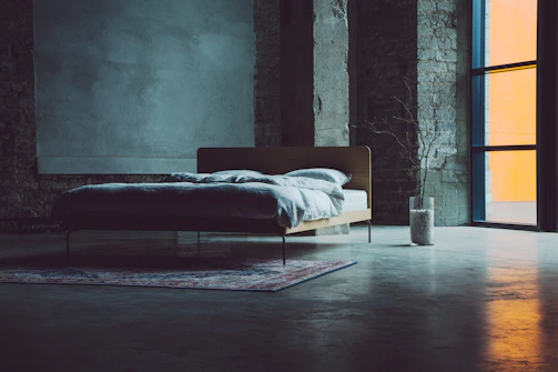 Bedroom interior with sleek industrial wood furniture