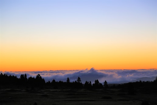 A serene landscape featuring a minimalist sunset with warm orange hues and soft gray clouds.