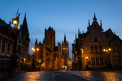 A medieval town street with cobblestones and historic buildings bathed in warm afternoon light.