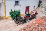 A horse-drawn carriage with a driver and two passengers traverses a cobblestone street adjacent to a rounded corner building with white walls and yellow accents. The carriage is a deep red with white wheels, harnessed to two black horses. Lush green shrubs are visible against the building, and the roof on the right side features red tiles.