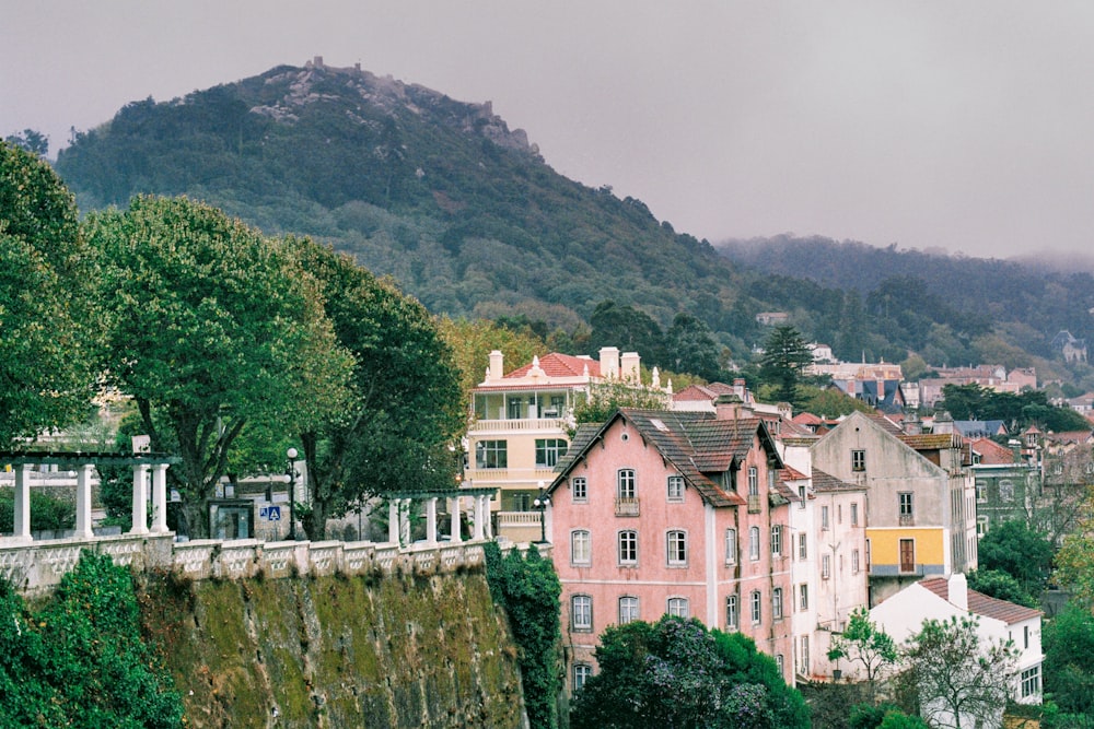 white and brown concrete houses near green trees and mountain during daytime