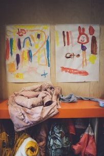 a couple of paintings on a wall above a shelf