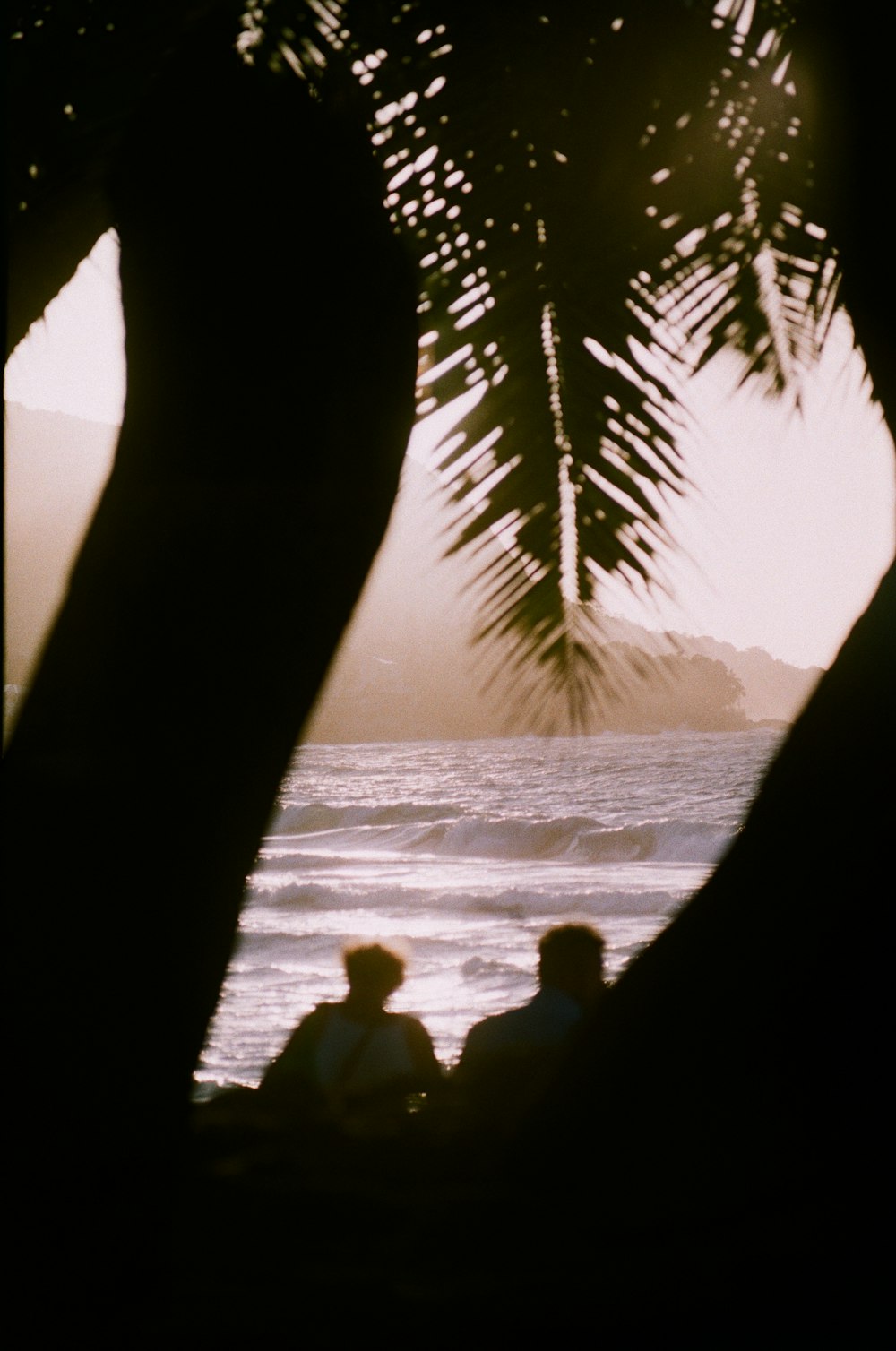 silhouette of 2 person sitting on rock near body of water during daytime