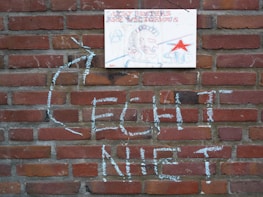 A brick wall serves as the backdrop with a piece of paper or small poster attached to it. The poster features the phrase 'LUCKY BUSTERS ARE VICTORIOUS' in a bold, decorative font above a drawing of a character with a helmet, possibly intended to be humorous or satirical. A prominent red star is also part of the design. Below the poster, words and symbols are scrawled on the wall in white chalk.