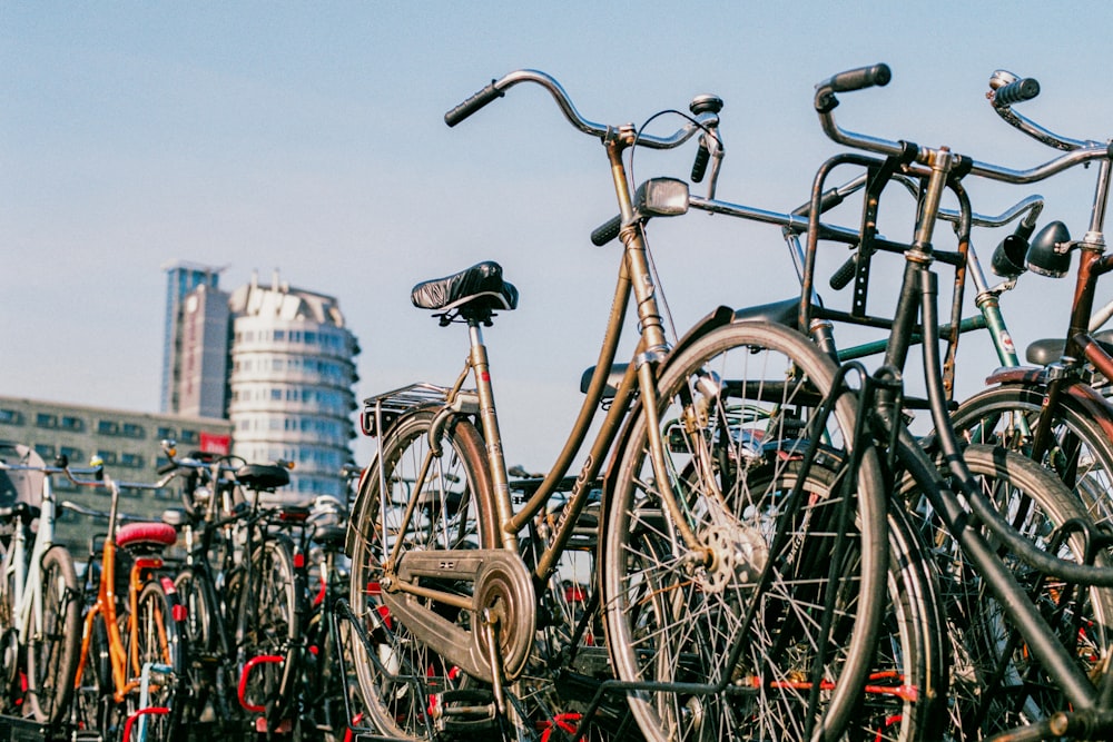 brown city bike near body of water during daytime