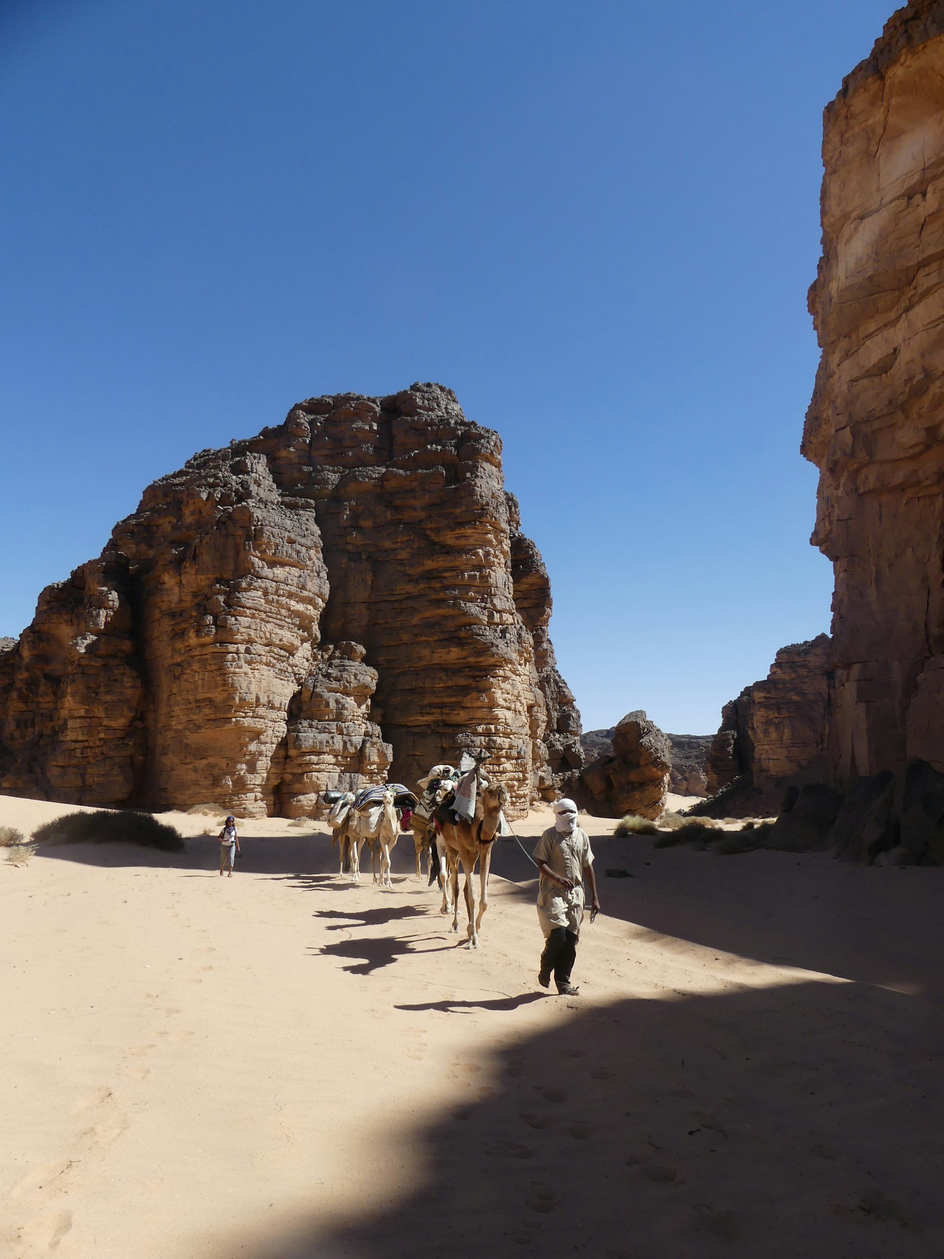 A caravan of camels led by a person traverses a sandy desert landscape, flanked by towering rocky cliffs under a clear blue sky.