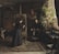 A dark, richly detailed art studio with an artist painting at an easel. The room is filled with natural light from a large window, highlighting the lush greenery of potted plants. A seated man observes the artist's work, surrounded by various objects including brushes, a table, and a patterned rug.