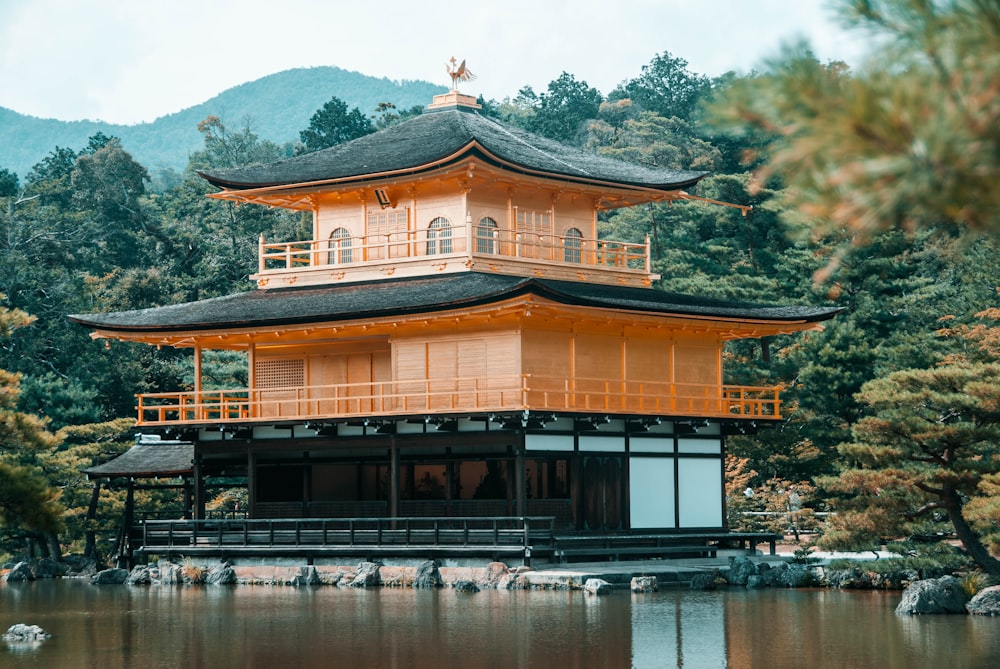 brown and white wooden house near lake