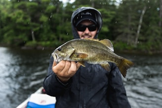A person holding a freshly caught fish, standing on a boat. The individual is wearing a dark rain jacket and sunglasses, suggesting a cool or rainy day. The background consists of a body of water surrounded by dense green trees.