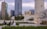 A cityscape featuring modern skyscrapers and a historical tower amidst a public space with greenery. People are casually sitting and walking, suggesting a mix of contemporary urban life and cultural heritage.
