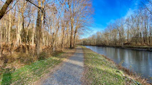 A peaceful path along a flowing river under a bright blue sky, inviting reflection and daily commitment.