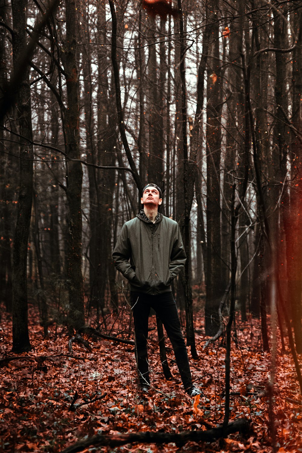 man in gray sweater standing in the woods