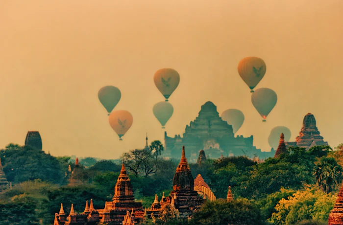 Hot air balloons over Bagan temples