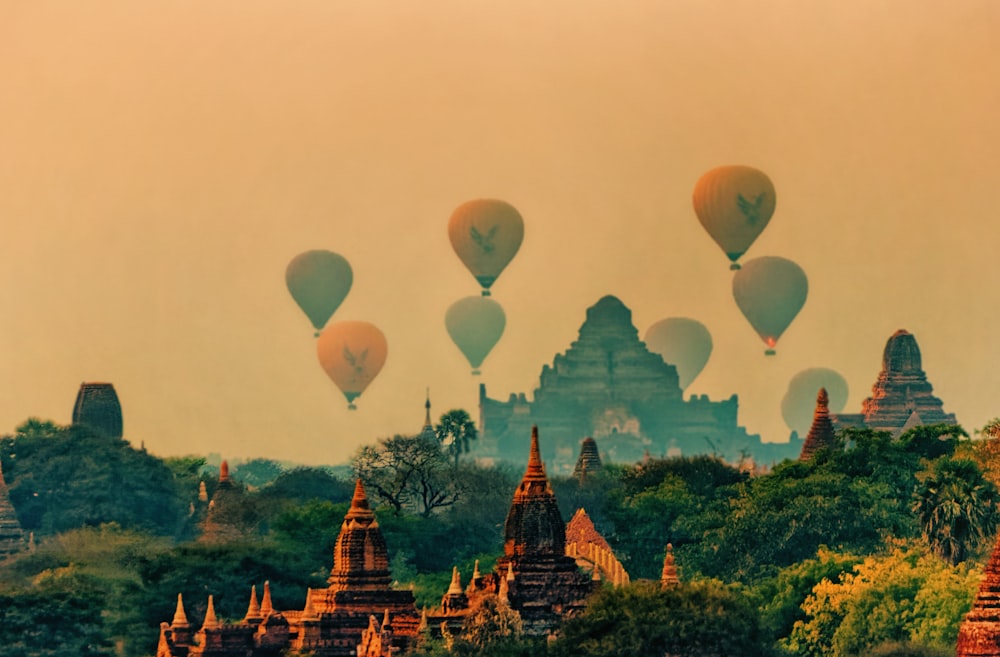 hot air balloons over green trees and brown building during daytime