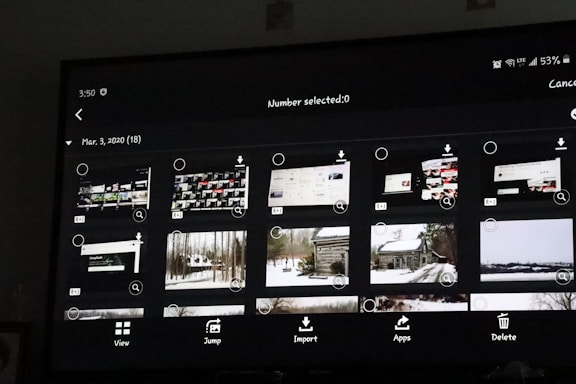 A digital screen displaying a photo gallery interface with thumbnail images. The interface includes options like 'View', 'Jump', 'Import', 'Apps', and 'Delete'. The thumbnails show a mixture of screenshots and landscape photos, some of which depict snowy scenes and cabins.