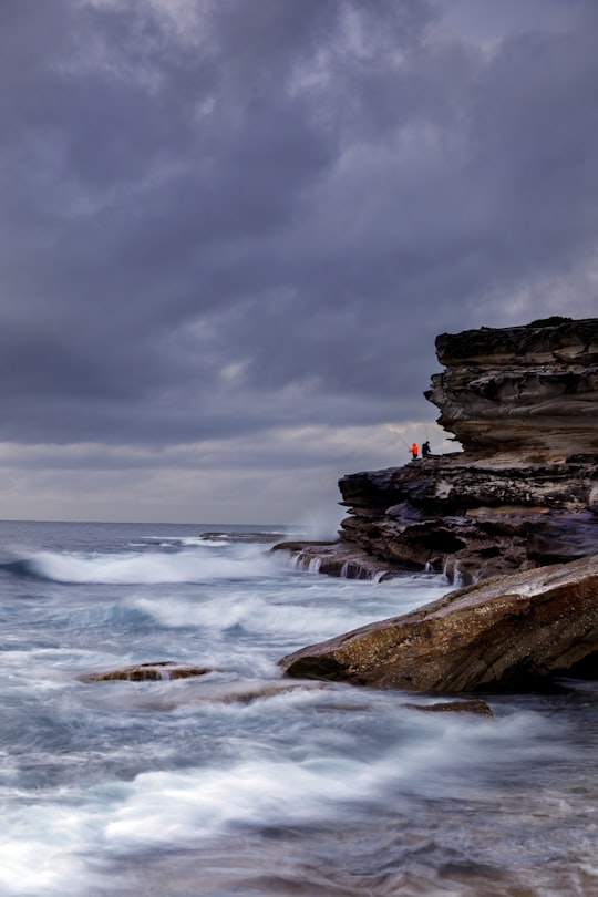 brown rock formation on sea under gray clouds in Little Bay NSW Australia