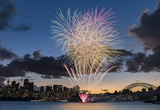 Vibrant fireworks exploding in a choreographed pattern over a city skyline at dusk.