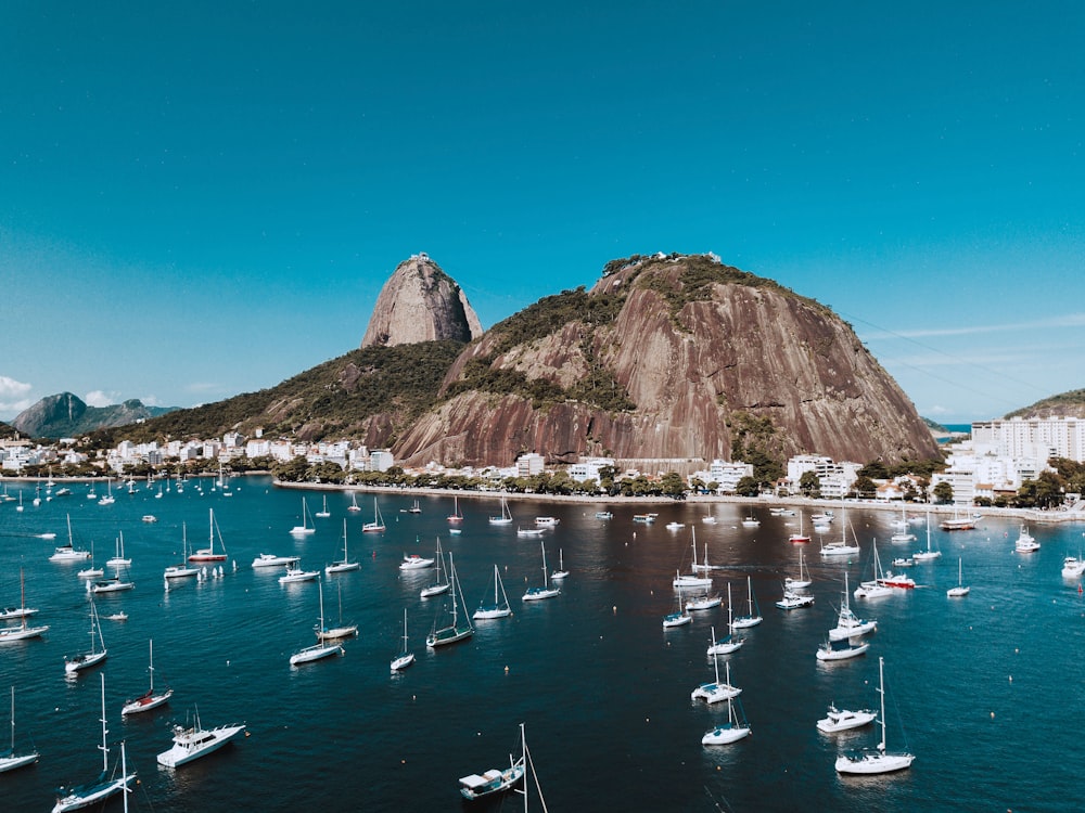 boats on sea near brown mountain under blue sky during daytime