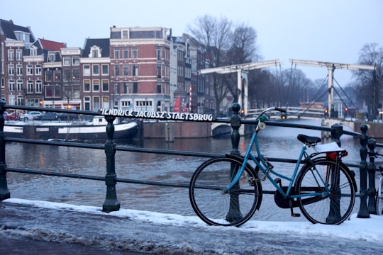 black and blue bicycle on bridge in Camping Amsterdam Gaasper Netherlands