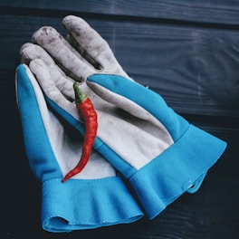A collection of various safety work gloves displayed on a table.