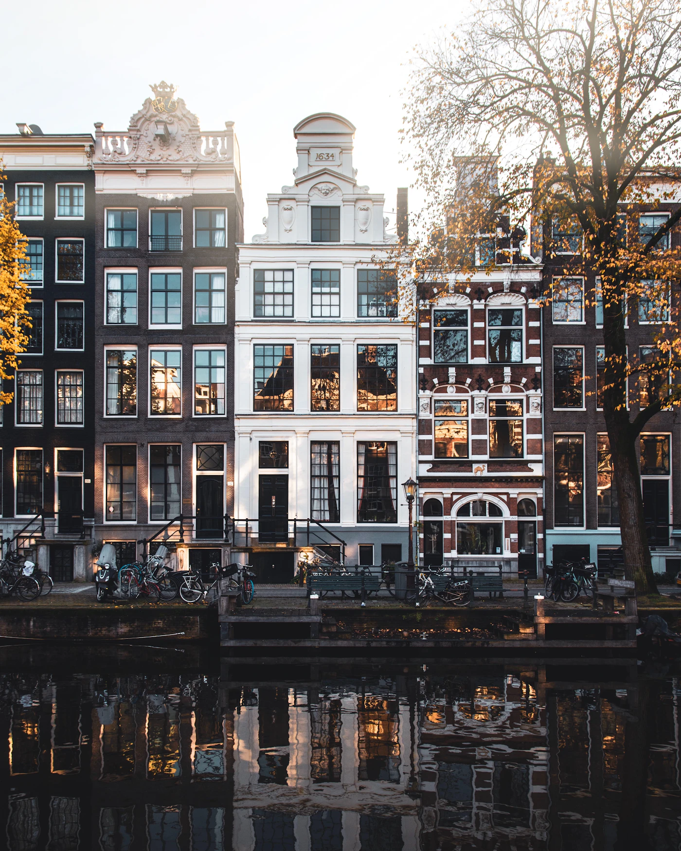 Gabled canal houses in Amsterdam reflected in the water