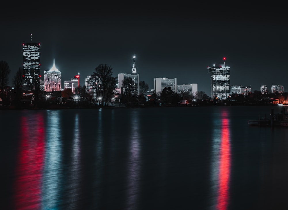 city skyline during night time