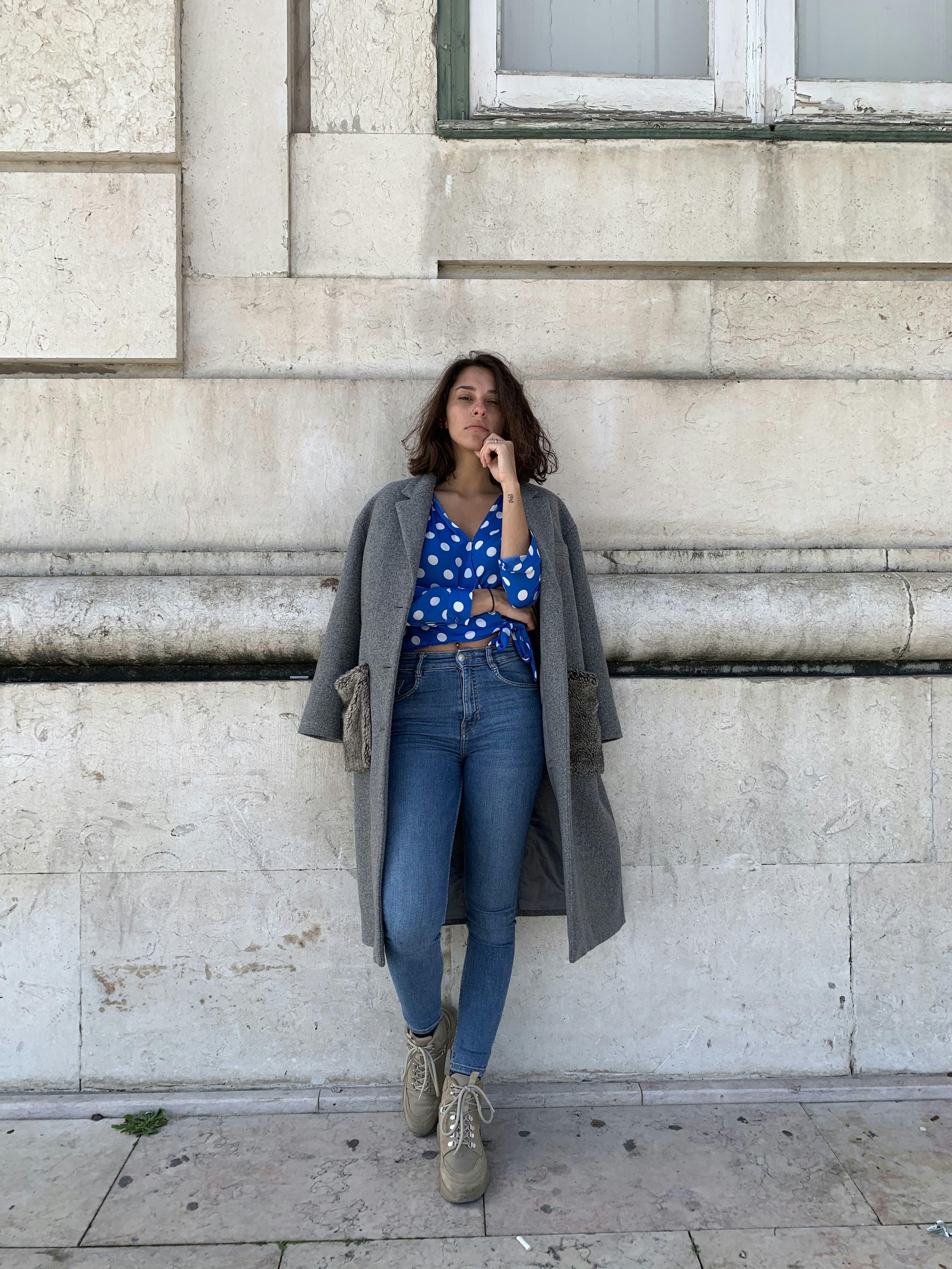 blue jeans black coat