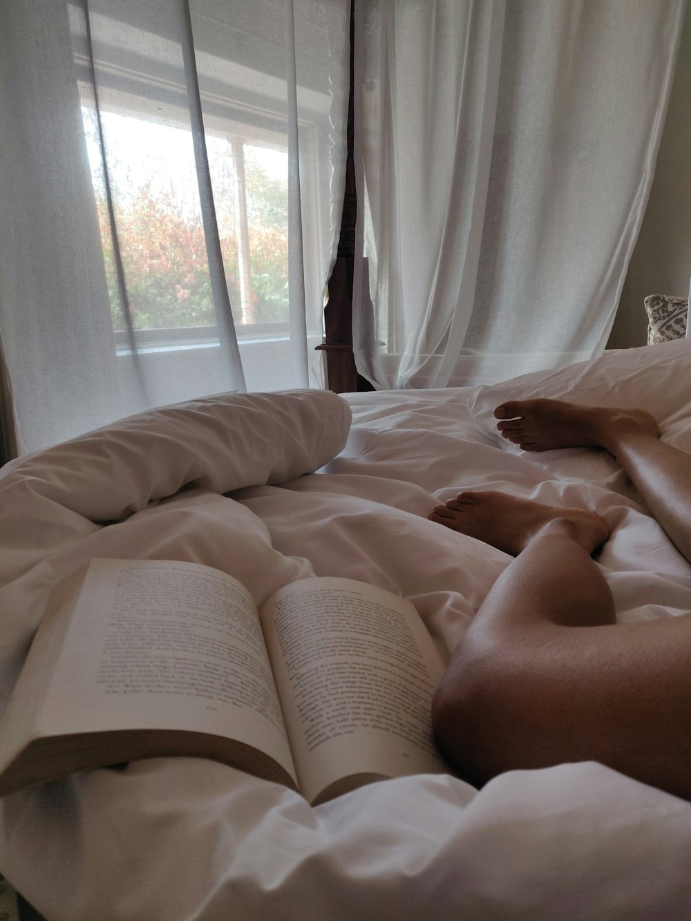 person lying on bed reading book