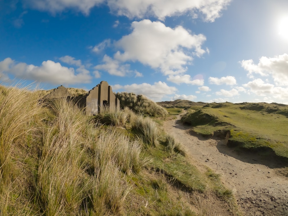 brown concrete building on green grass field under blue sky and white clouds during daytime