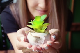 A person with long hair is gently holding a small white pot with a vibrant green succulent plant. The pot has some text written on it. The background is softly blurred, highlighting the hands and the plant in the foreground.