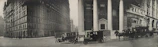 A black-and-white archival photo showing South Flower Street in the early 1900s with bustling storefronts and horse-drawn carriages.