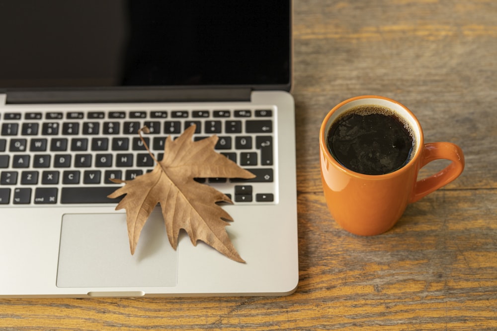 macbook pro beside orange ceramic mug with coffee