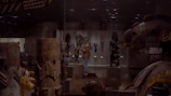 A wide shot of a museum-style exhibit featuring several wooden sculptures under soft gallery lighting.