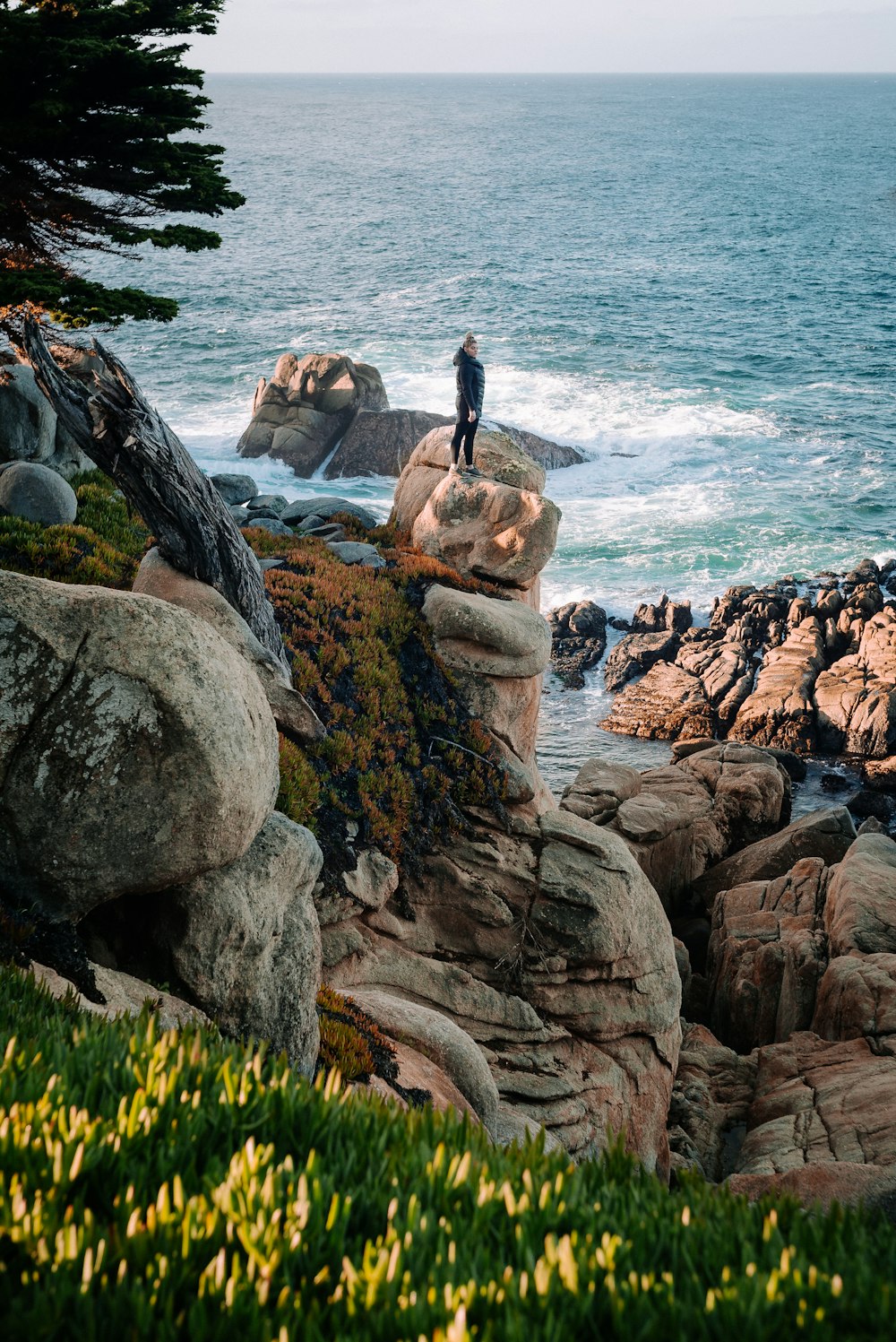 Mann im schwarzen Hemd steht tagsüber auf einem braunen Felsen in der Nähe eines Gewässers