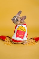 brown french bulldog wearing red and white santa hat sitting on yellow pasta