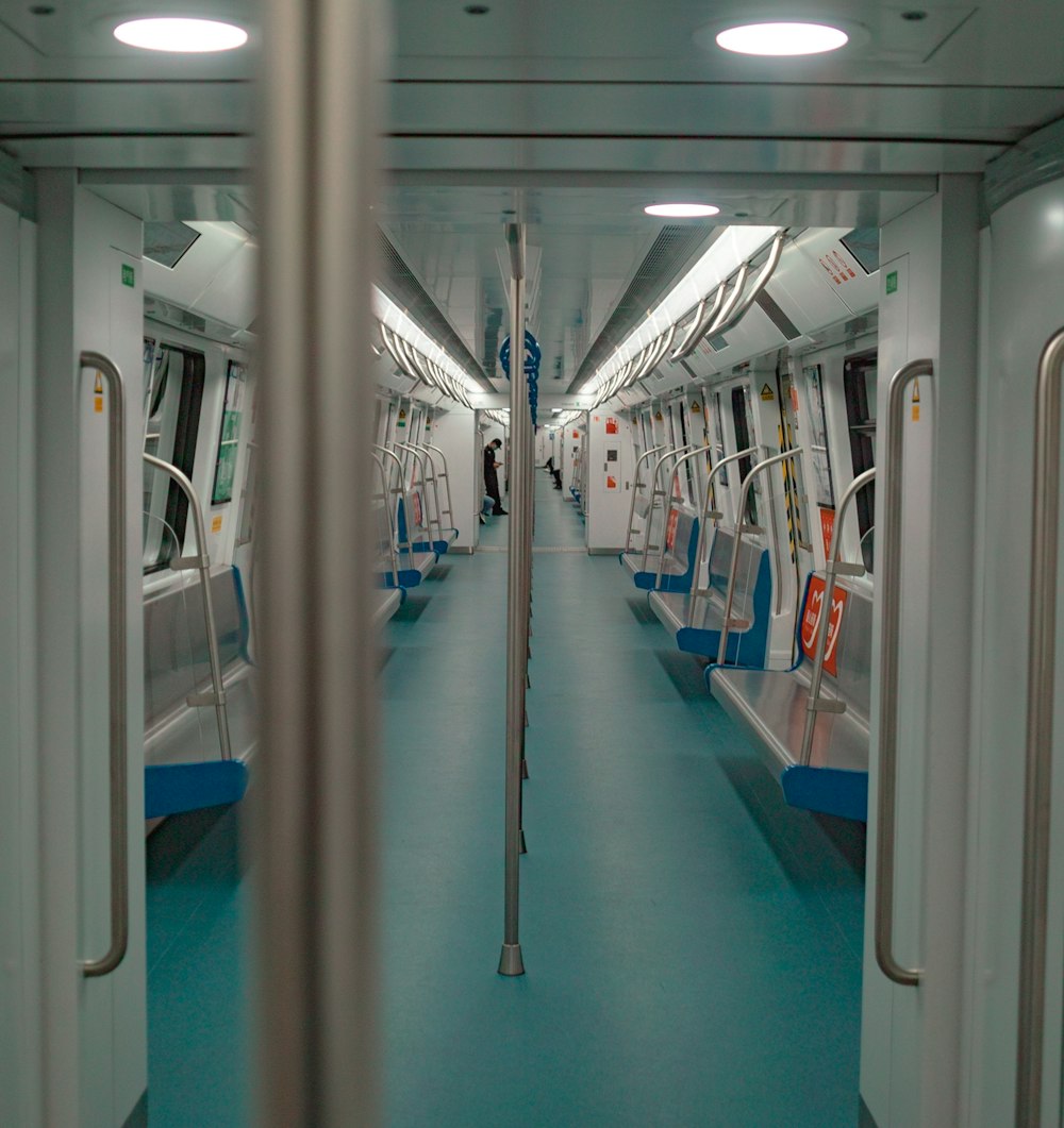 white and blue train interior