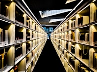 Rows of neatly arranged books with colorful spines in a quiet aisle.
