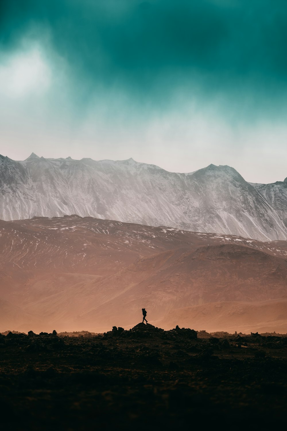 person standing on rock near snow covered mountain during daytime