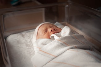 A newborn baby wrapped in a soft blanket rests peacefully in a hospital-grade bassinet. The lighting is soft and warm, creating a serene atmosphere.