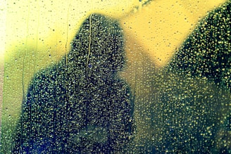 A silhouette of a person stands behind a rain-covered window, with raindrops and streaks running down the glass. The background appears blurred, giving an impression of depth and introspection.