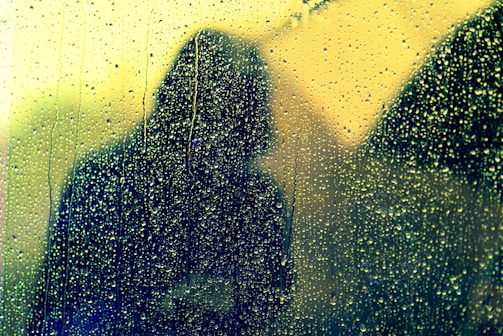 A silhouette of a person stands behind a rain-covered window, with raindrops and streaks running down the glass. The background appears blurred, giving an impression of depth and introspection.