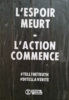 The image features a text in French that reads 'L'espoir meurt - L'action commence' which translates to 'Hope dies - Action begins.' Below this text are the hashtags '#TELLTHETRUTH' and '#DITESLAVERITE.' At the bottom, there is an Extinction Rebellion logo.