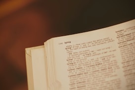 A close-up of an open dictionary page showing the entry for the word 'lying,' including its pronunciation and definitions. The page is slightly yellowed, and the background is blurred, giving a vintage aesthetic.