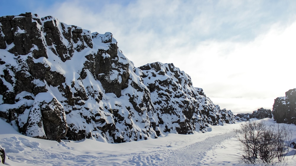 snow covered mountain under white clouds during daytime