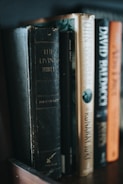 Several books stand side-by-side on a wooden shelf. The titles visible include religious and fiction genres, with one book titled 'The Living Bible' having a notably worn black cover. Other books have spines with dark, beige, and orange tones, and are authored by popular writers.