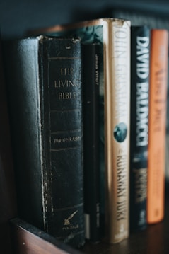 Several books stand side-by-side on a wooden shelf. The titles visible include religious and fiction genres, with one book titled 'The Living Bible' having a notably worn black cover. Other books have spines with dark, beige, and orange tones, and are authored by popular writers.