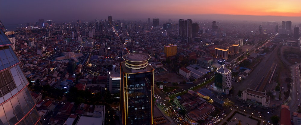 aerial view of city buildings during night time