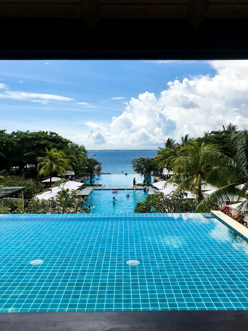 blue swimming pool near green palm trees during daytime